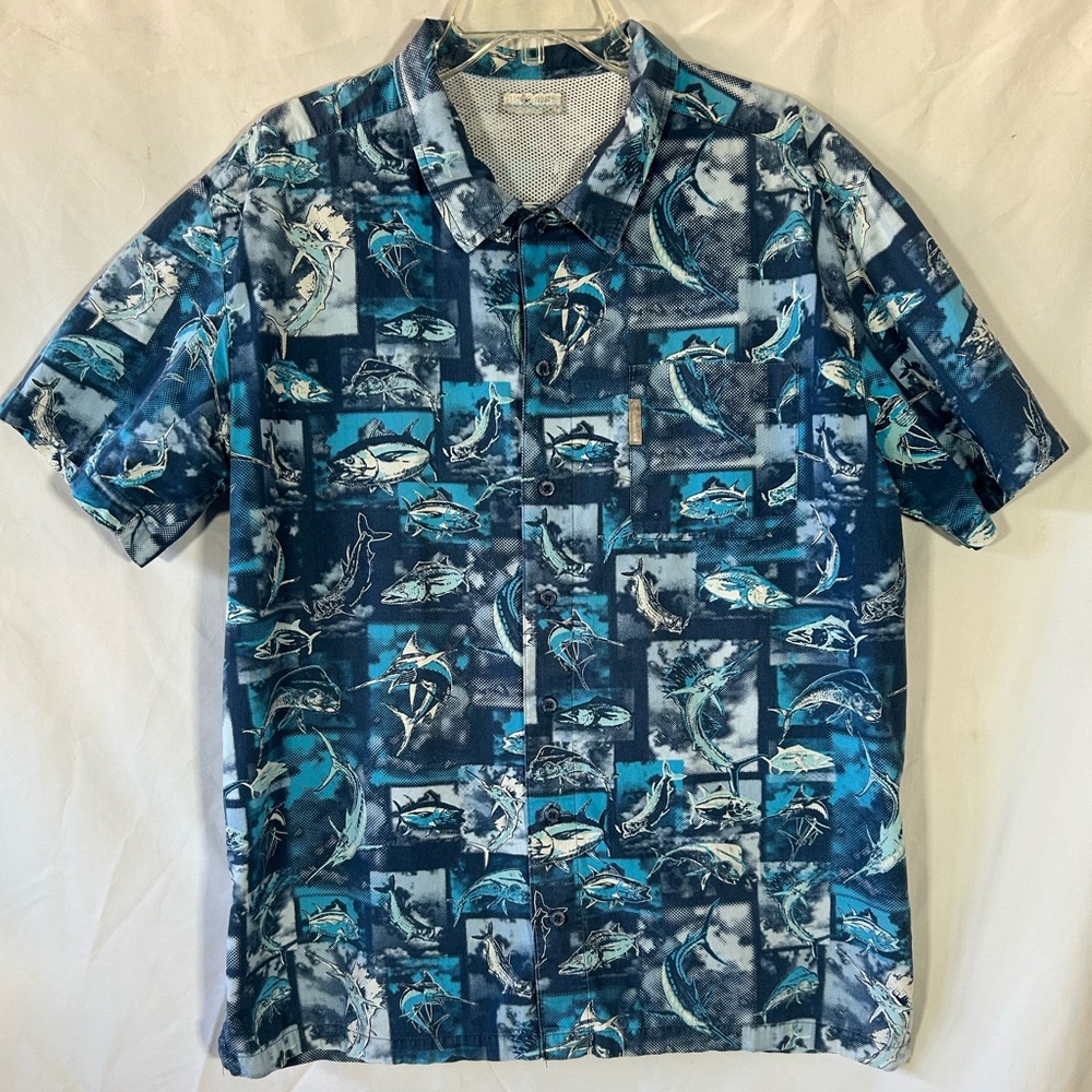 COLUMBIA PFG FISHING VENTED FISH MARLIN TUNA ANGLER ALL OVER PRINT MENS LARGE